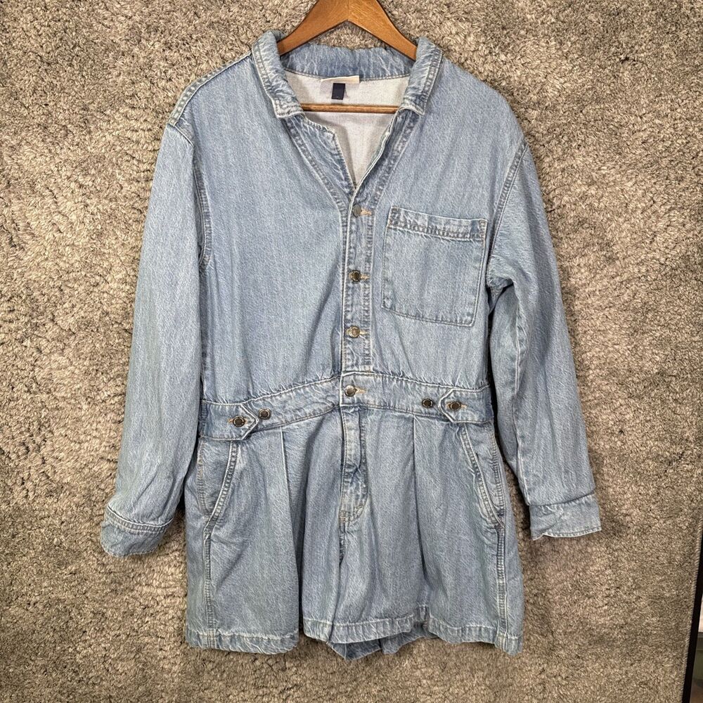 Universal Thread Denim Romper Jumpsuit Shorts Long Sleeve 14 Light Wash Collared